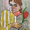 Harlequin with Wings Holding a Red Tulip